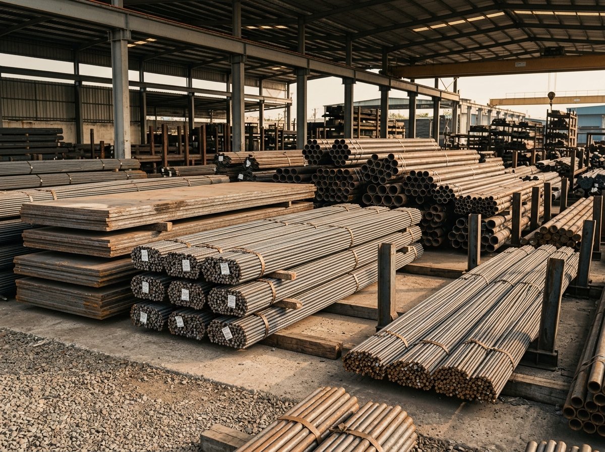 Steel bars, metal pipes and iron plates stacked in a warehouse